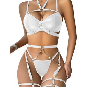 🆕Women White Sexy Pu Leather Strappy Underwire Garter Belt Lingerie Set